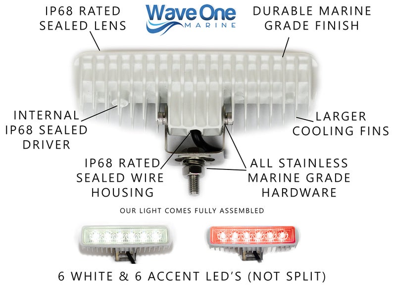 Wave One Marine Dual Color LED Boat Spreader Light Deck Flood Beam Stainless Hardware & Bracket IP68 Waterproof Multicolor Bright High Lumen Output (White Housing, White & Red) - Image 3